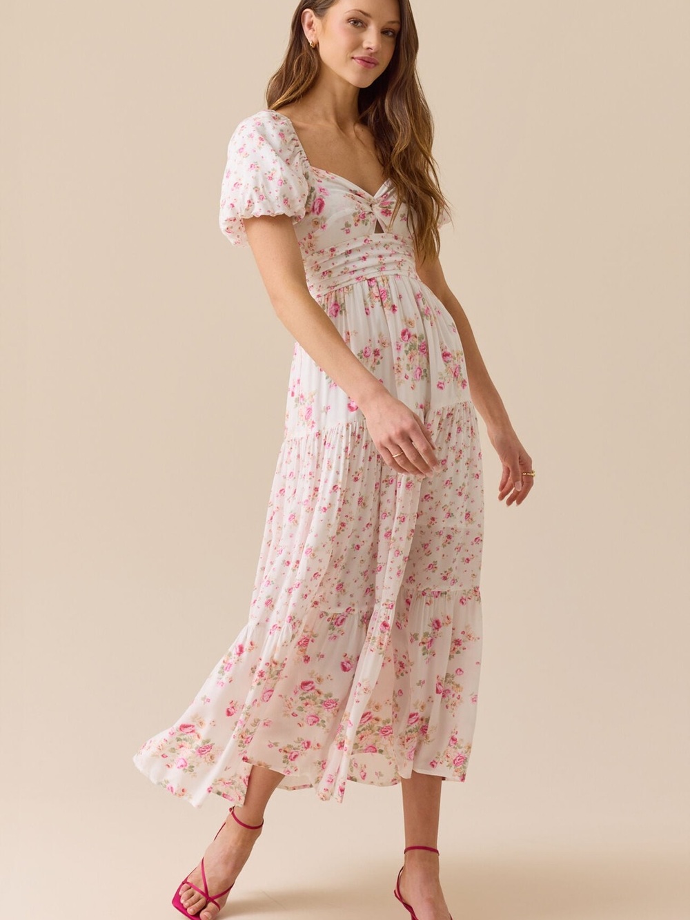 Altar’d State Solana Floral Maxi Dress Ivory Pink Puff Sleeve Size S